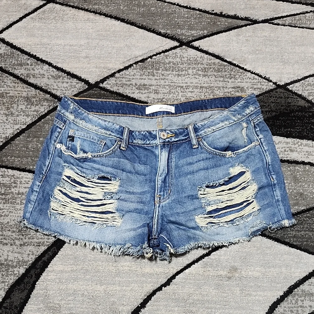 KANCAN HIGH-RISE RAW-EDGE DISTRESSED DENIM JEAN SHORTS SIZE 30